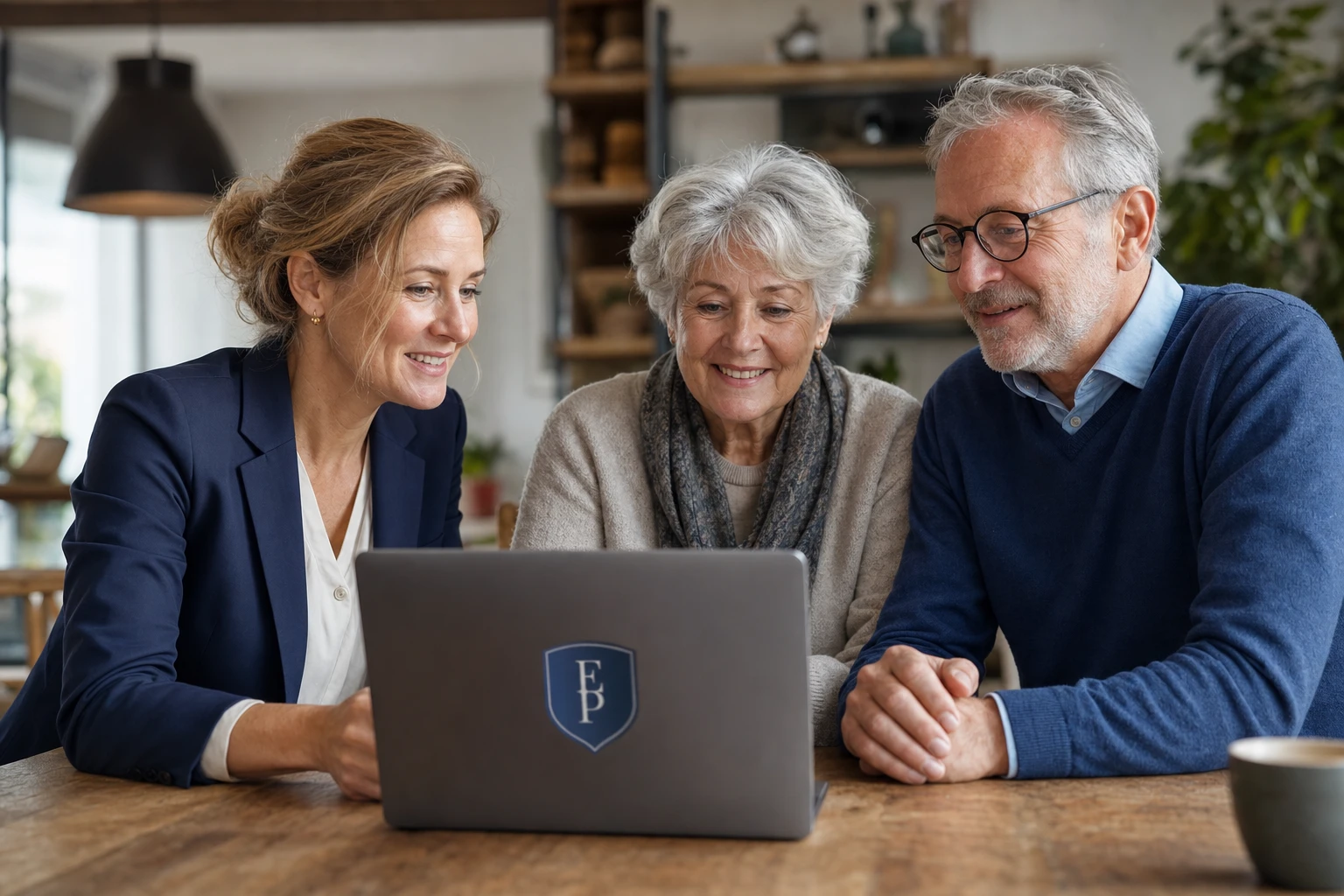 Erfrechtplan-adviseur bespreekt het testament met een ouder echtpaar thuis aan tafel