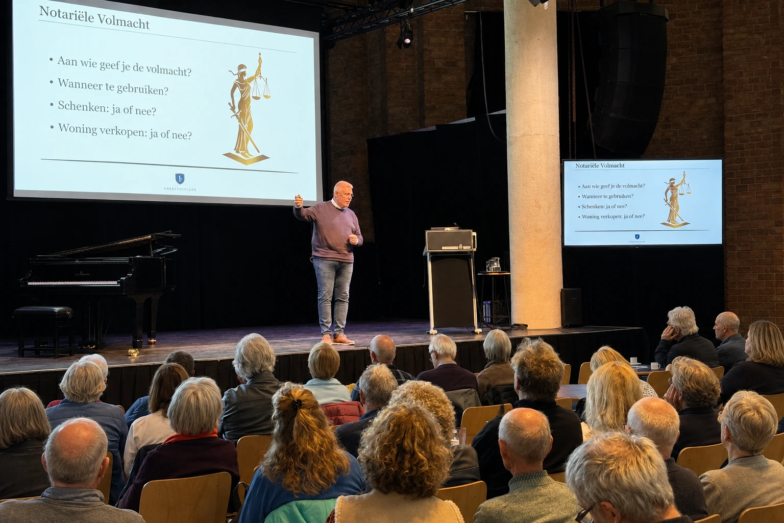 Volle zaal tijdens een gratis Erfrechtplan-lezing over testament en levenstestament