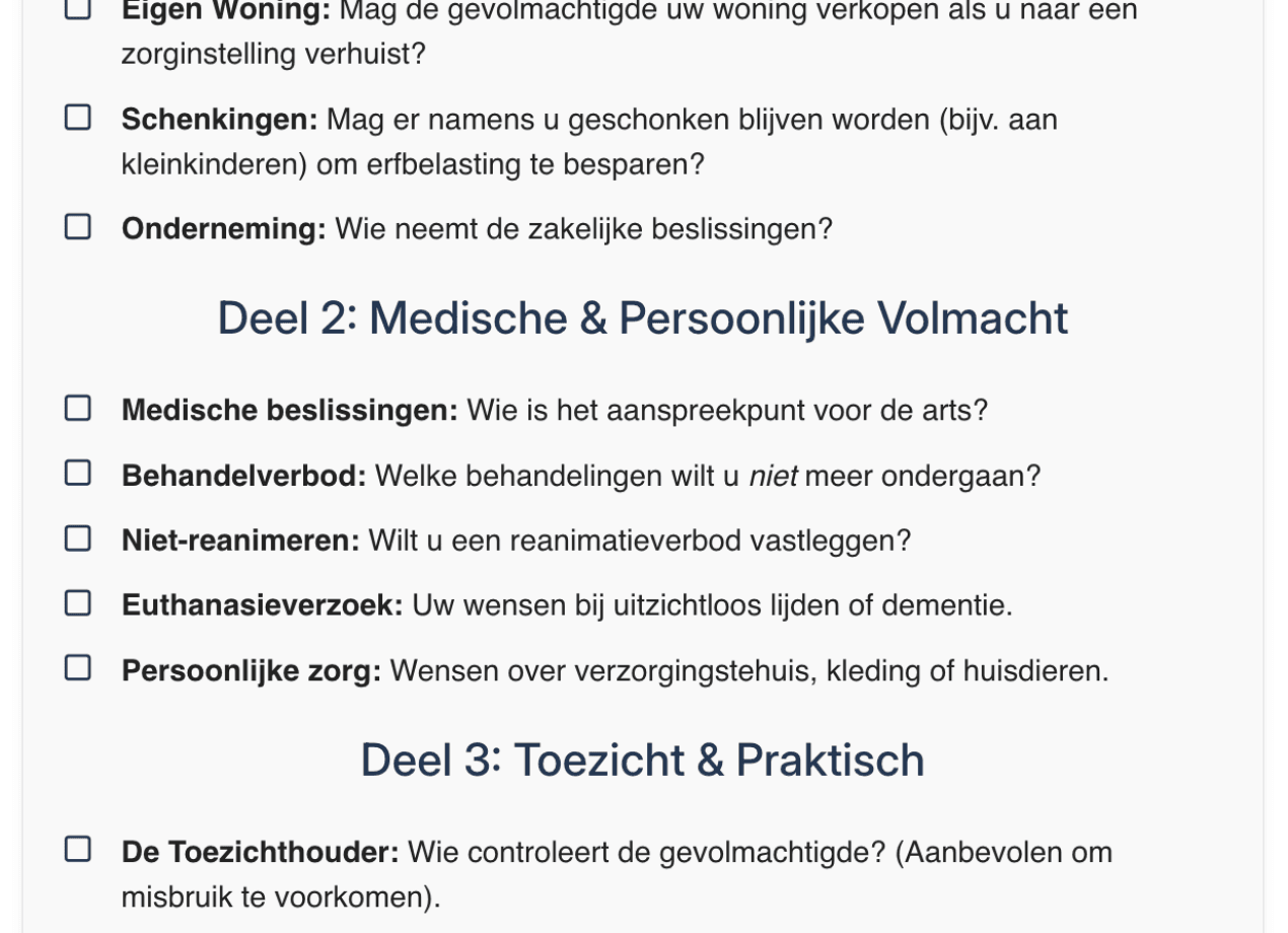 Voorbeeld checklist levenstestament: overzicht van financiële en medische volmacht punten